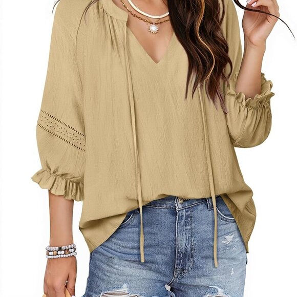 Womens Summer Blouses Flowy Casual V-Neck Front Tie Tops 3/4 Sleeve with Elastic - Picture 1 of 6
